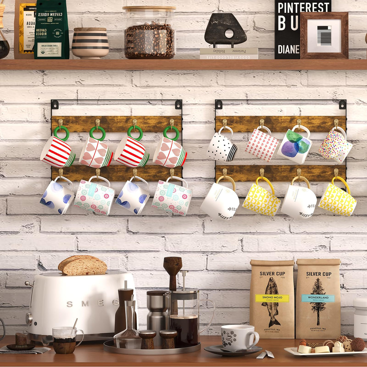 Huxitocan easy-to-reach mugs by the coffee bar for quick mornings.