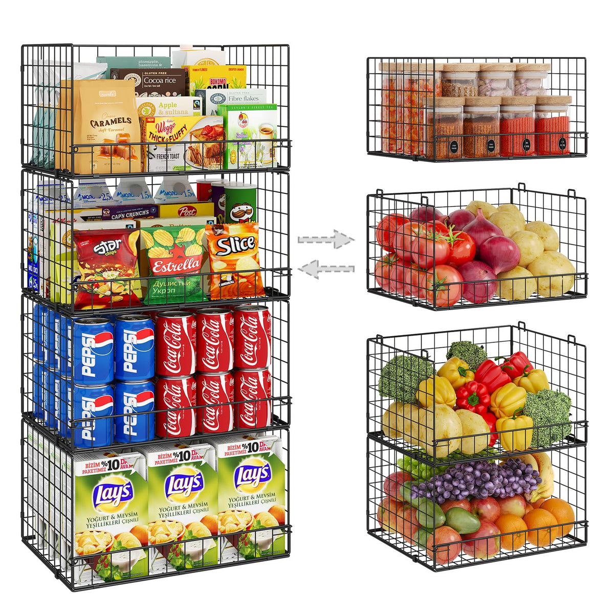 Huxitocan stackable pantry baskets set for tidy, accessible storage.