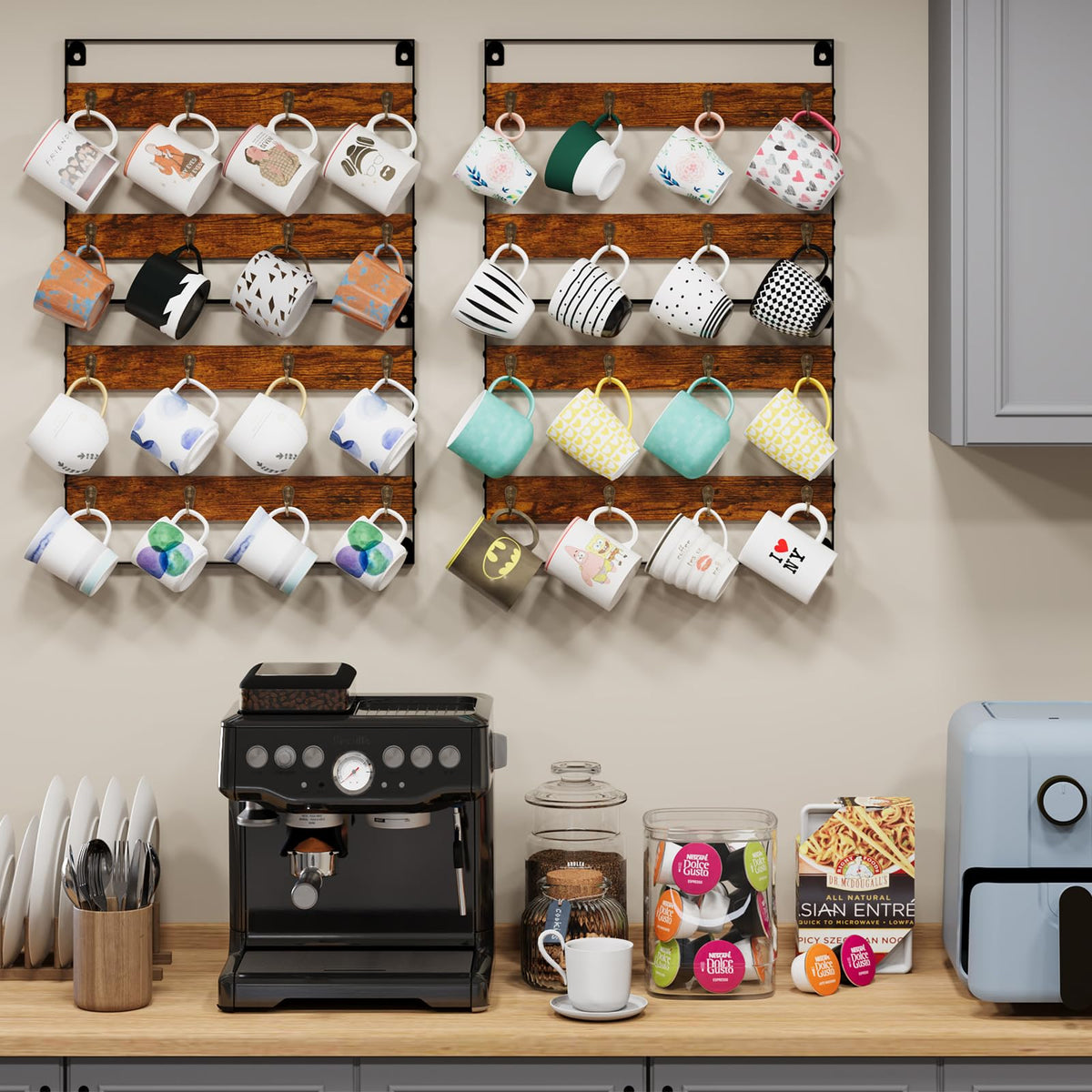Huxitocan wall-mounted storage frees counter space while keeping mugs within reach.