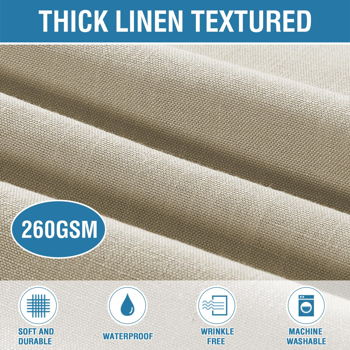 H.VERSAILTEX 60x120 taupe tablecloth on a dining table set for guests