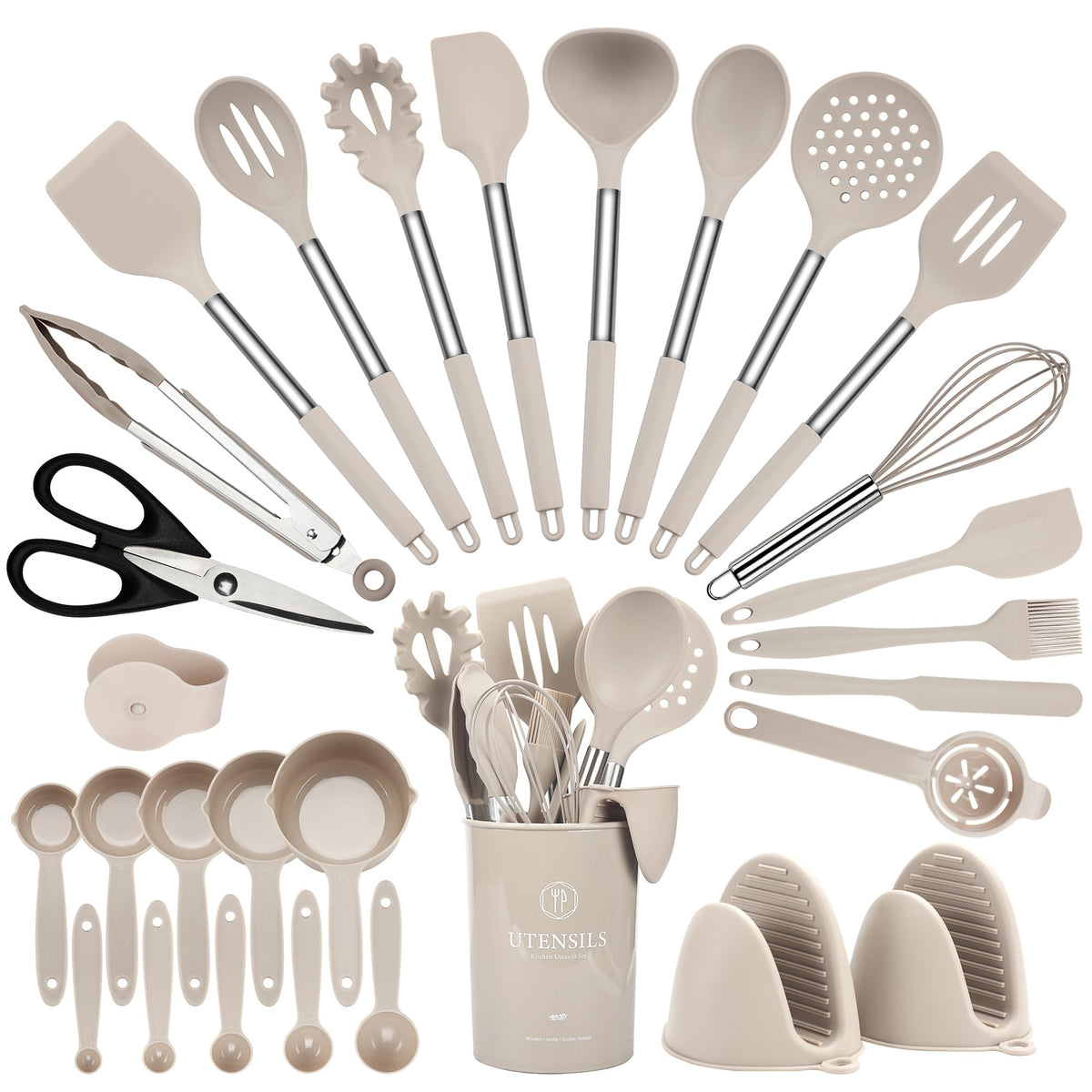 Hvygss 28-piece silicone utensils set with stainless steel handle on display in a holder