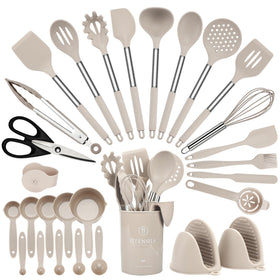 Hvygss 28-piece silicone utensils set with stainless steel handle on display in a holder