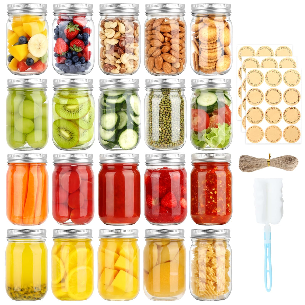 HWASHIN 20-pack mason jars in clear glass for easy content monitoring and storage