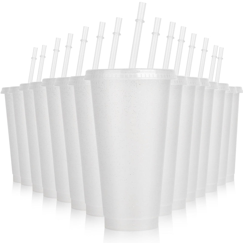 Hxezoc glitter clear tumbler close-up showing 24 oz capacity for beverages