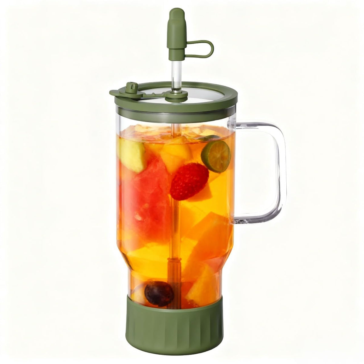 HY3 32oz glass tumbler with brown trim and leakproof lid for travel