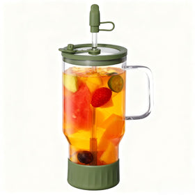 HY3 32oz glass tumbler with brown trim and leakproof lid for travel