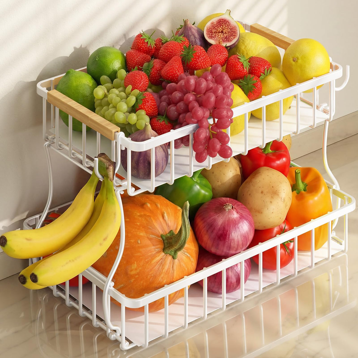 Hybemmy 2-Tier Fruit Basket with banana hangers keeps bananas separate to prevent bruising.