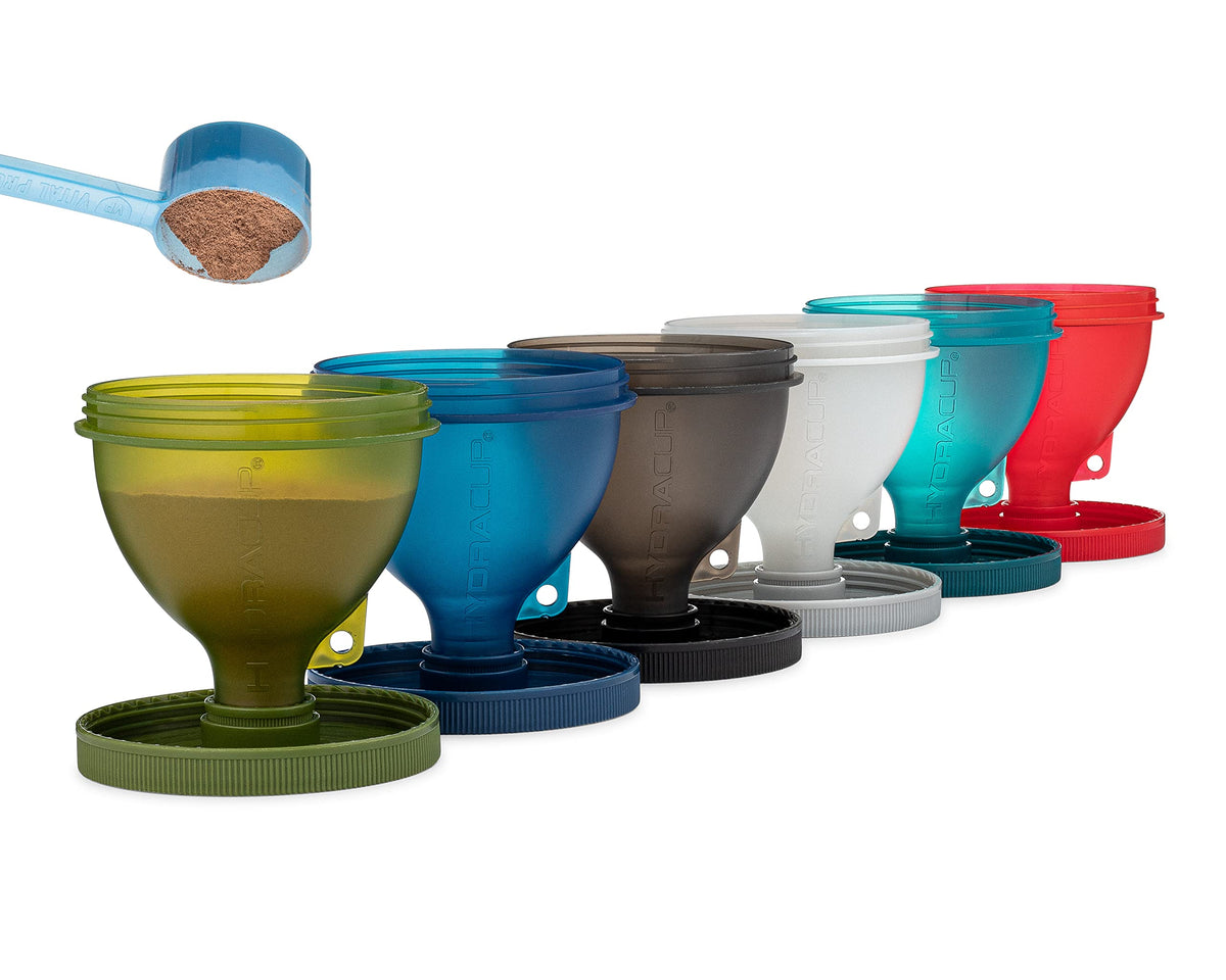 Hydra Cup water bottle funnel helps pour powder into bottles with control.
