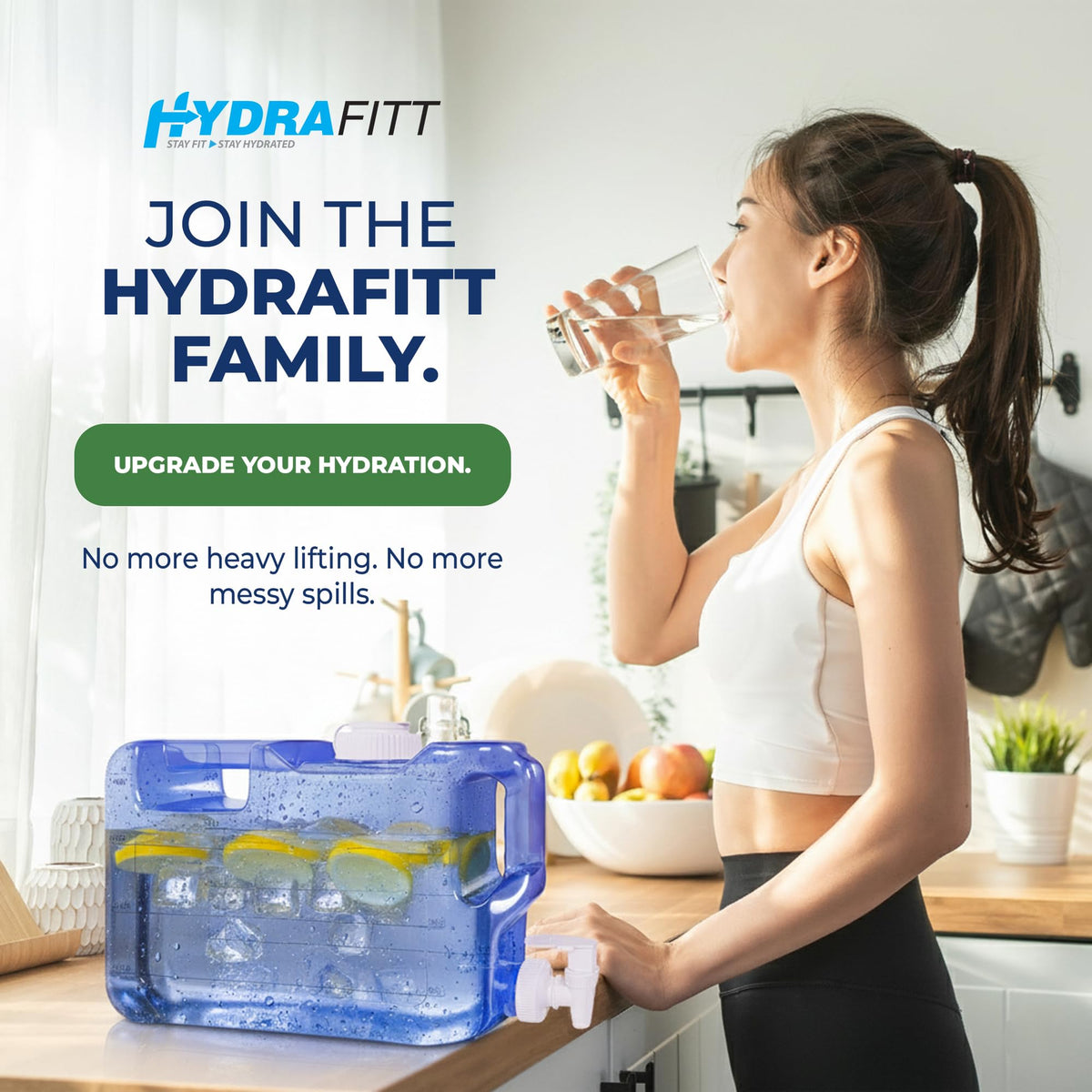 HYDRAFITT dark blue jug close-up highlighting durable, reusable design.