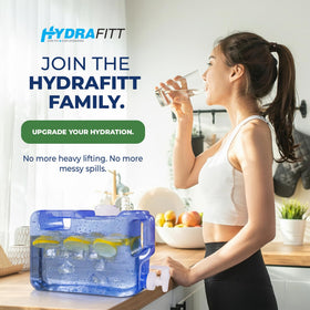 HYDRAFITT dark blue jug close-up highlighting durable, reusable design.