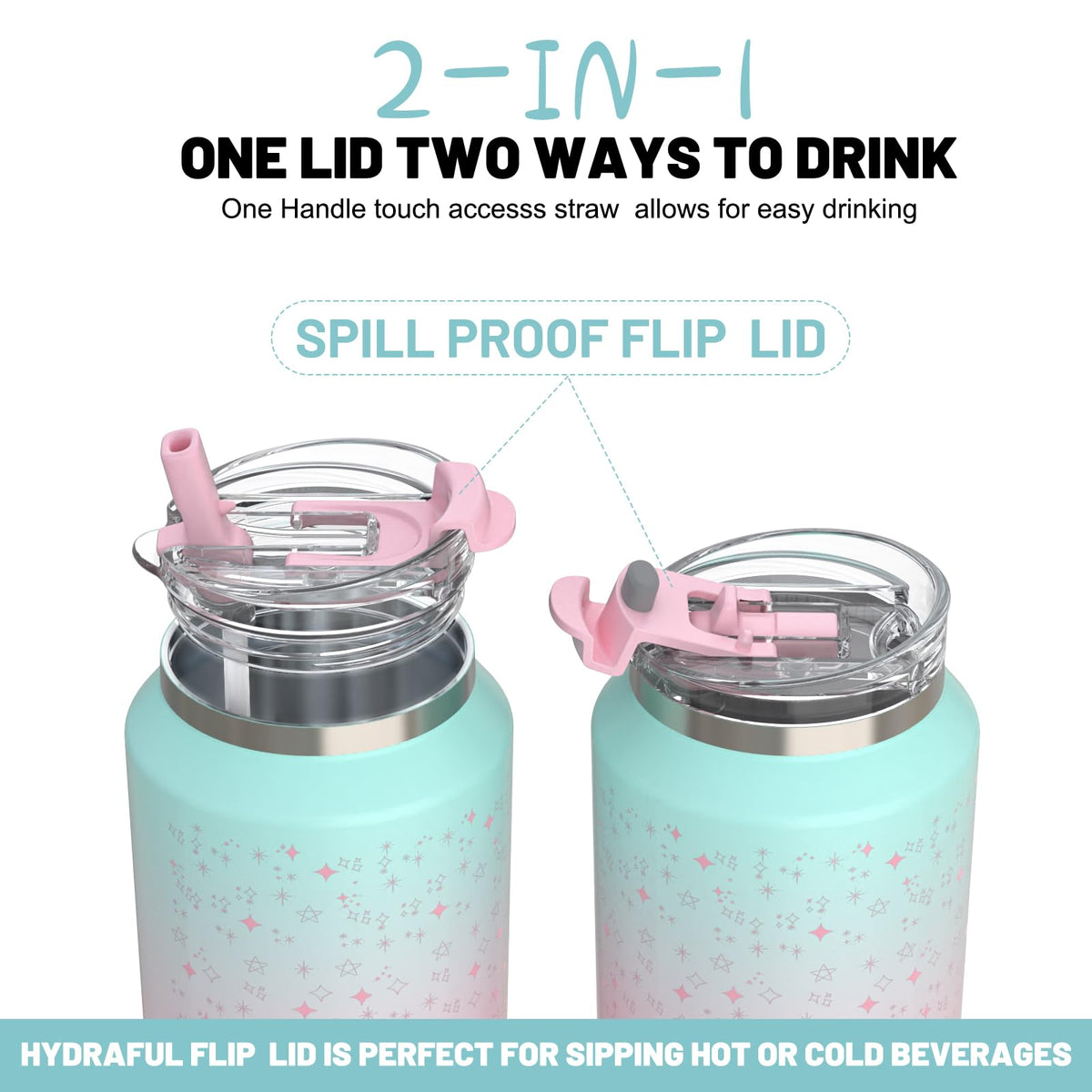 Hydraful 2-in-1 lid sip-flip for versatile drinking options.
