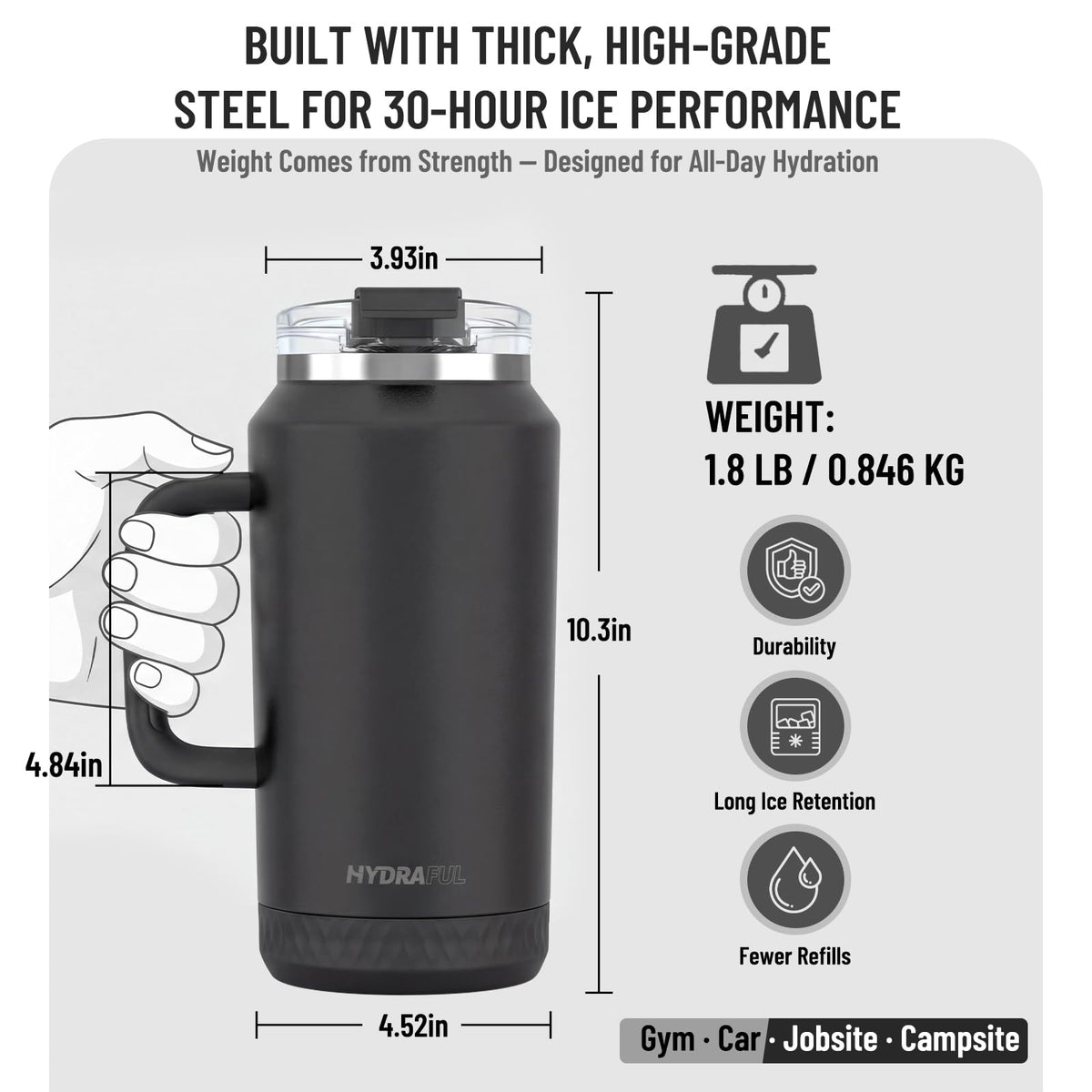 Hydraful double-wall vacuum insulation preserves cold and hot beverages for hours.