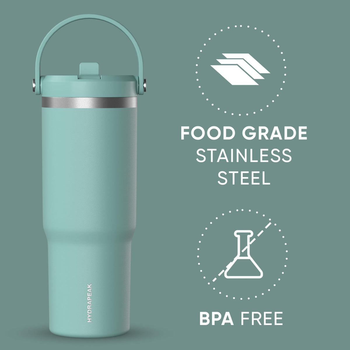 Hydrapeak Nomad 32 oz tumbler in pale sage color with durable stainless steel finish