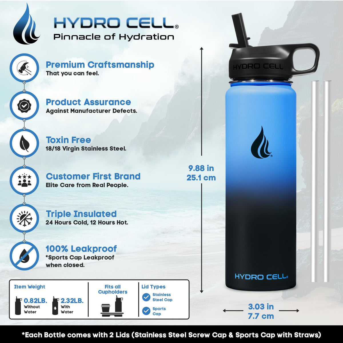 HYDRO CELL wide-mouth bottle with ice cubes for refreshing hydration.