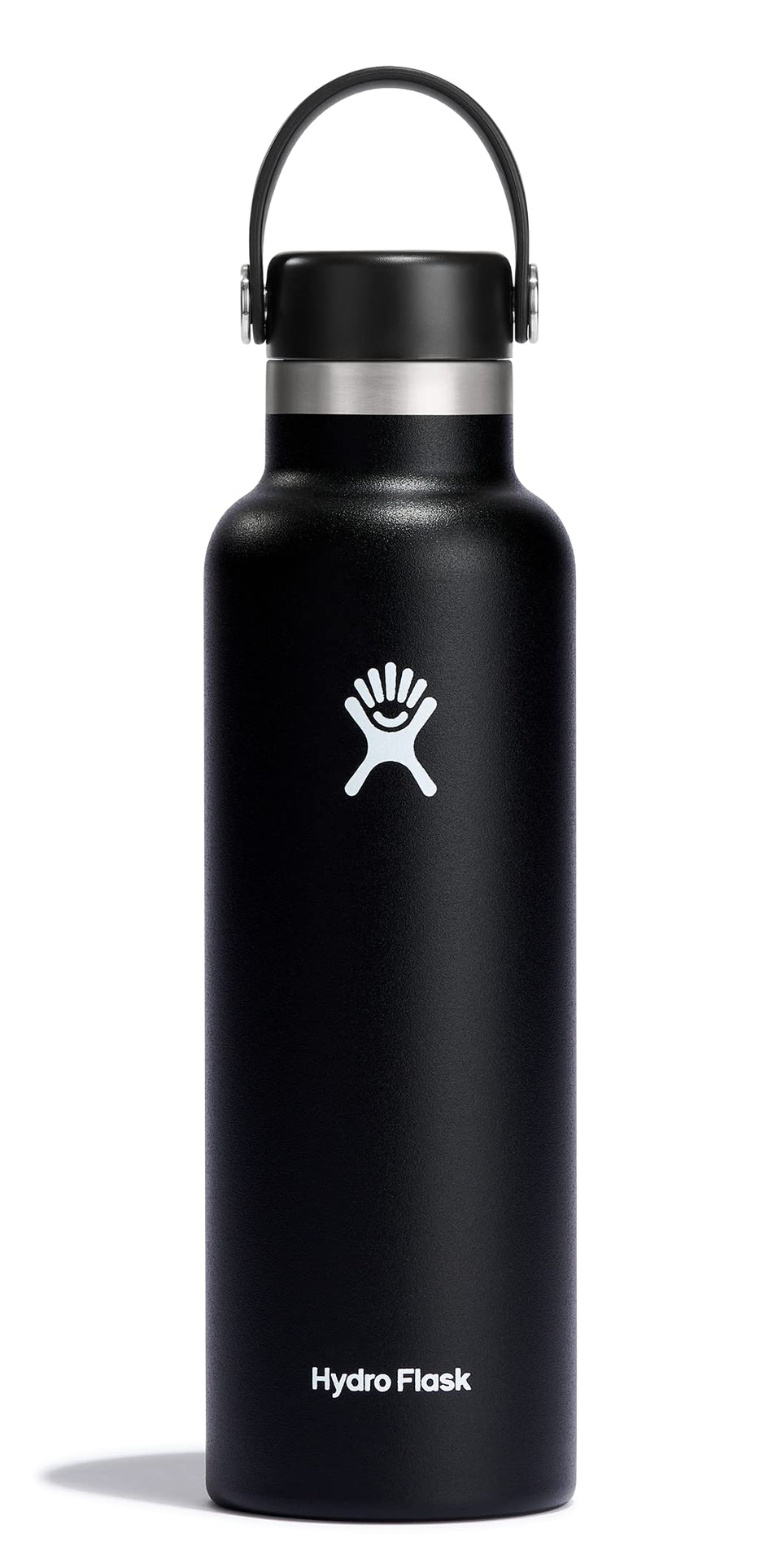 Hydro Flask 21oz black bottle with handle, ideal for daily hydration on the go.