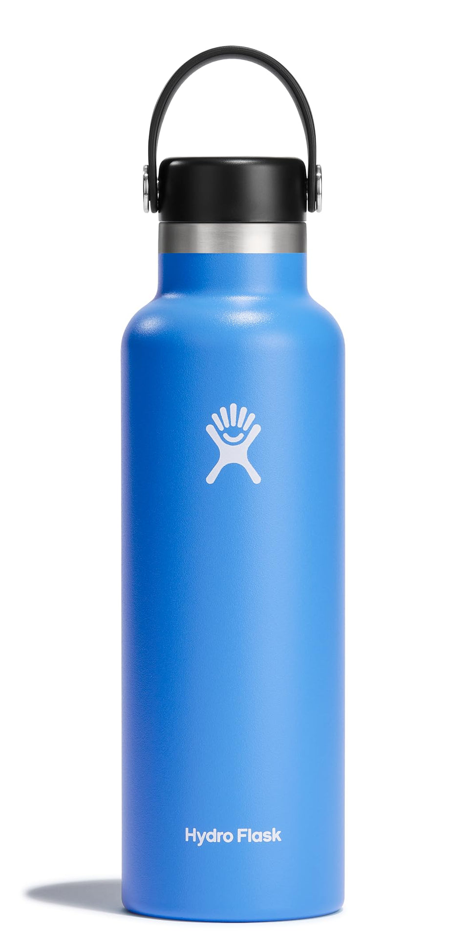 Hydro Flask 21 oz Cascade Blue bottle with easy-grip handle keeps drinks cold up to 24 hours.