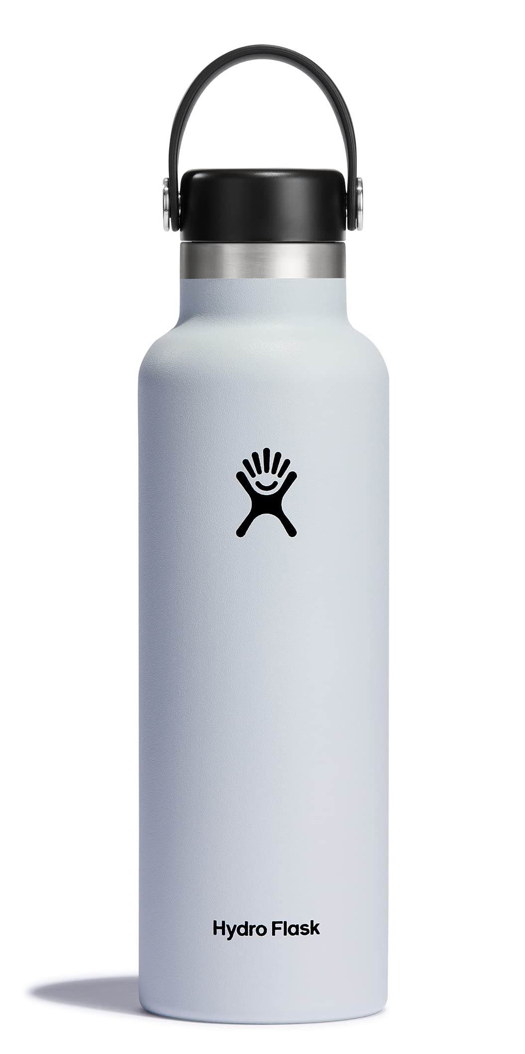 Hydro Flask 21 oz white bottle front view showing portability.