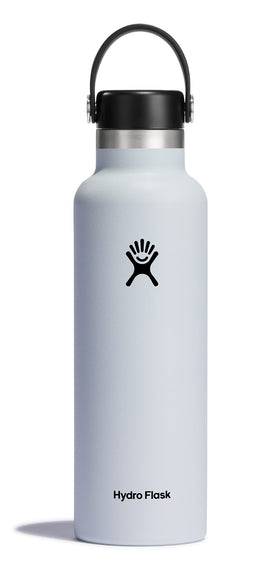 Hydro Flask 21 oz white bottle front view showing portability.