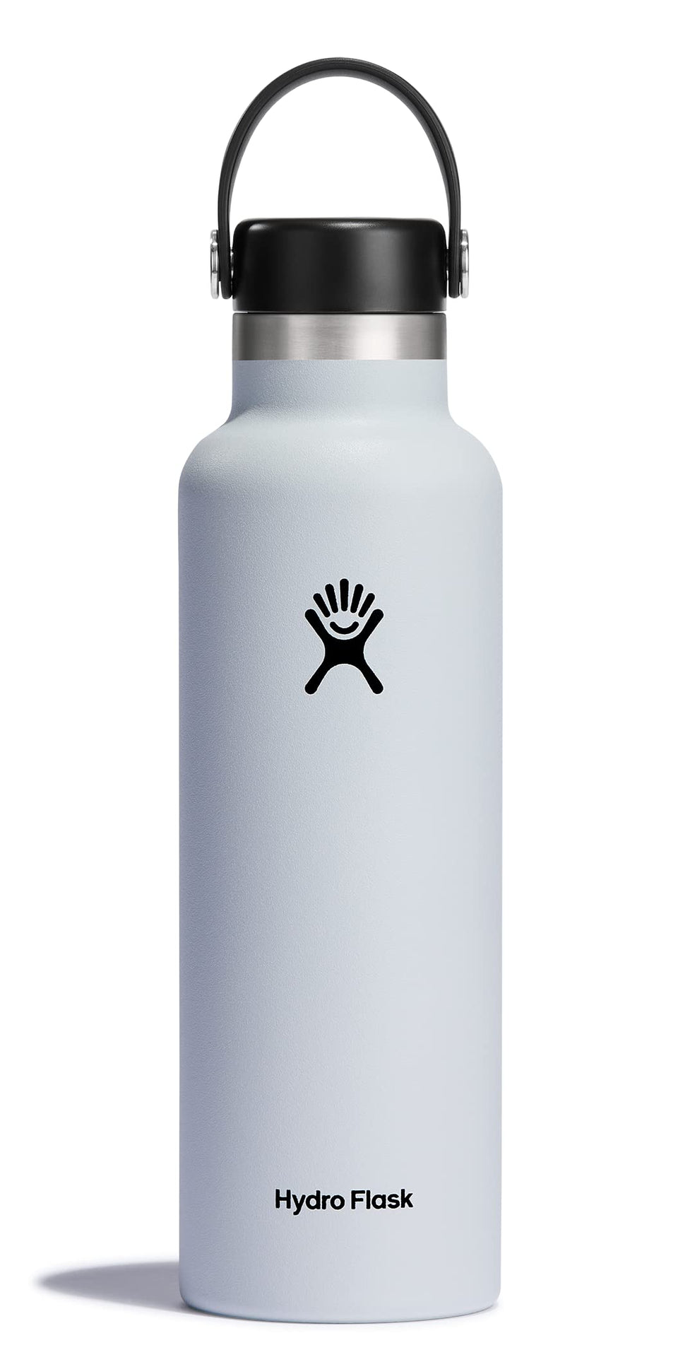 Hydro Flask 21 oz white bottle front view showing portability.