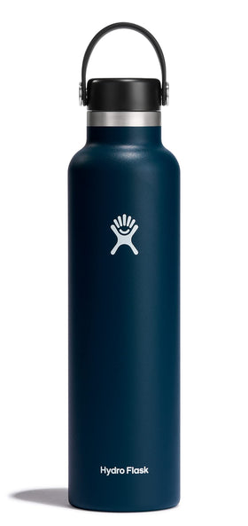 Hydro Flask 24 oz Indigo Blue bottle keeps drinks cold up to 24 hours.