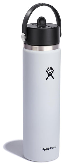 Hydro Flask 24 oz white bottle demonstrates cupholder-fit design for travel.