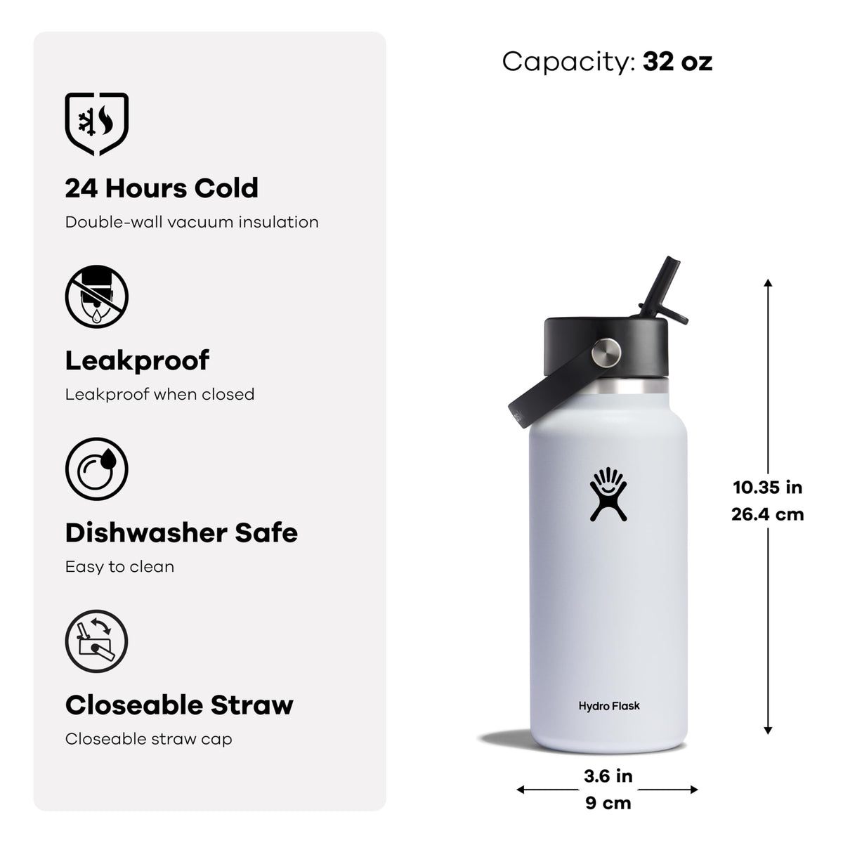 Chilled beverage inside Hydro Flask shows 24-hour cold insulation.