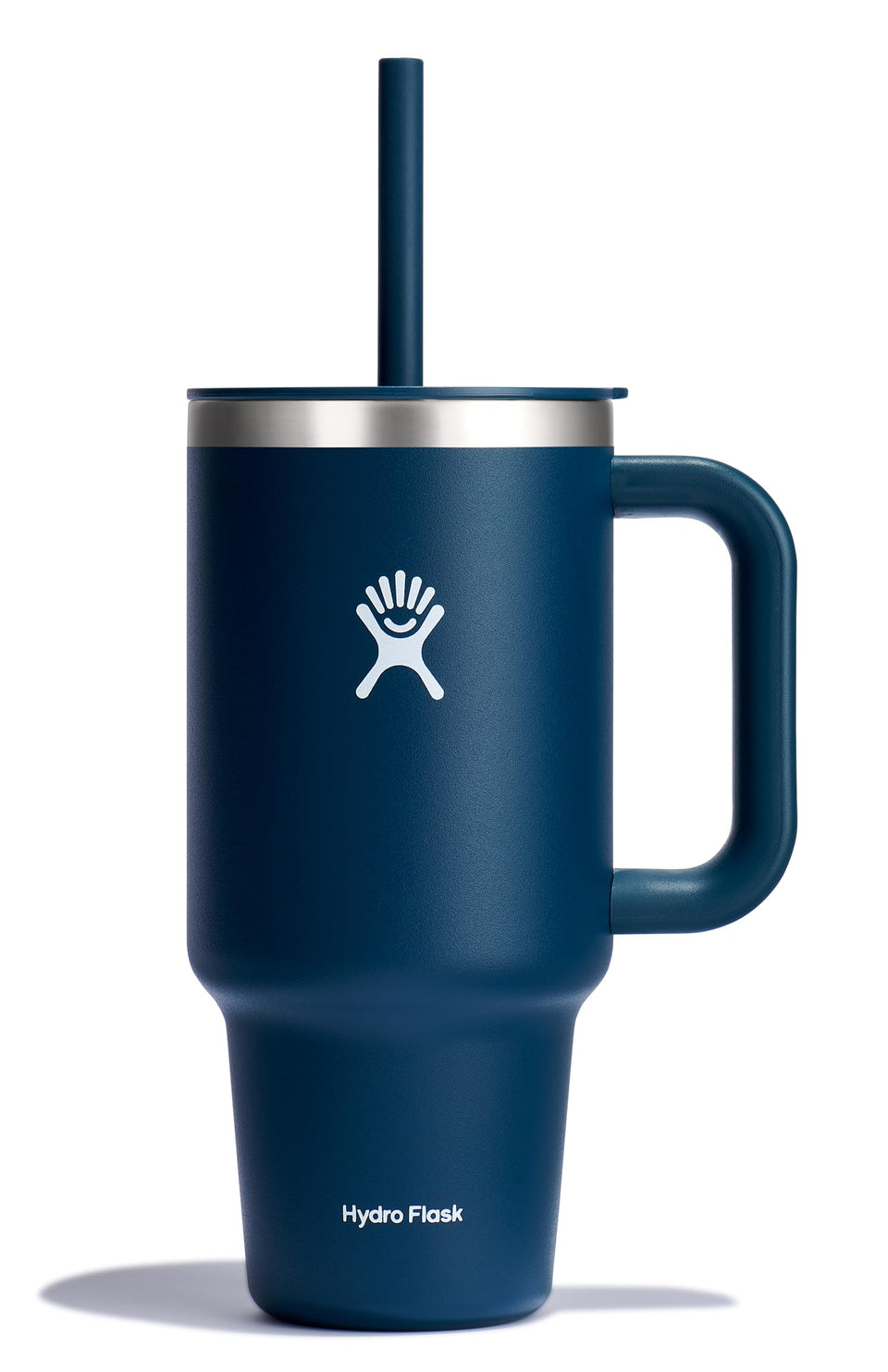 Hydro Flask 32 oz indigo travel tumbler with handle and straw keeps beverages cold on the go.