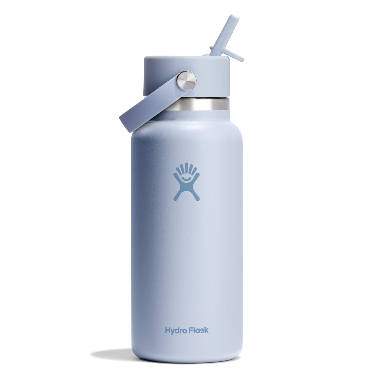 Hydro Flask 32oz wide-mouth with flex straw cap in Surf Blue keeps beverages cold and leakproof on the go.