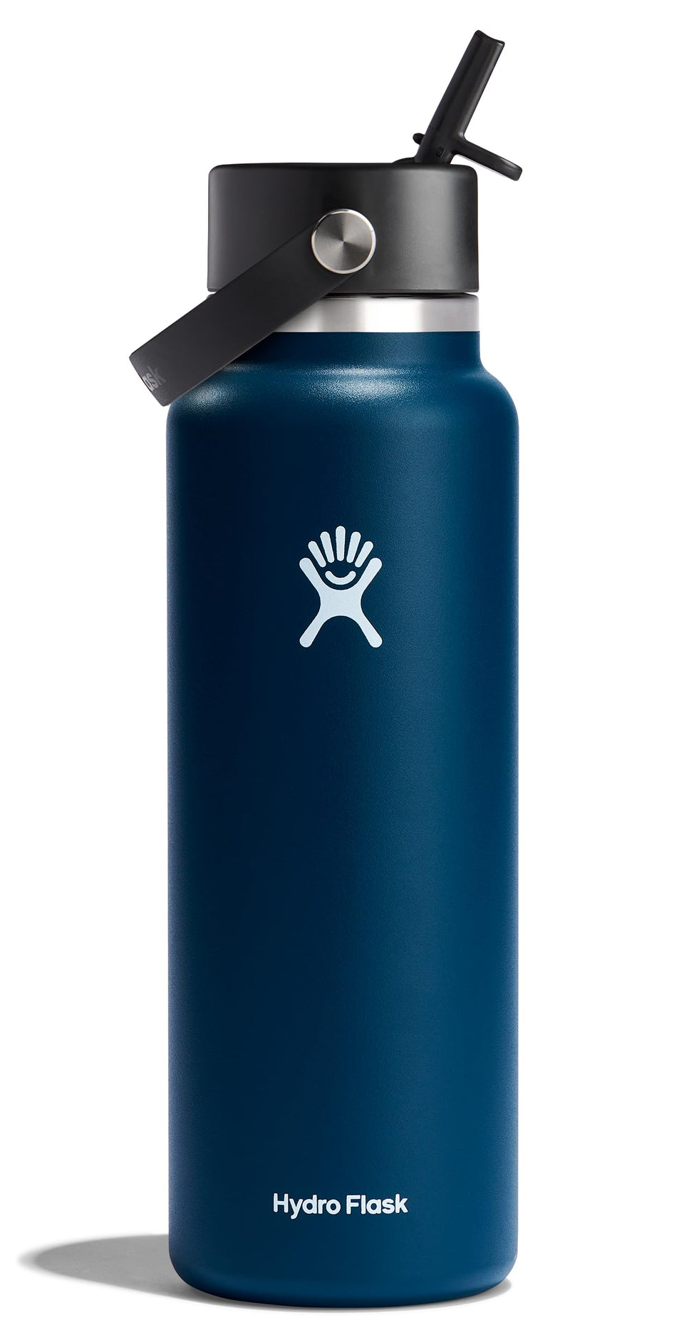 Hydro Flask 40 oz Indigo Blue bottle with wide mouth for easy ice cube loading and sipping.