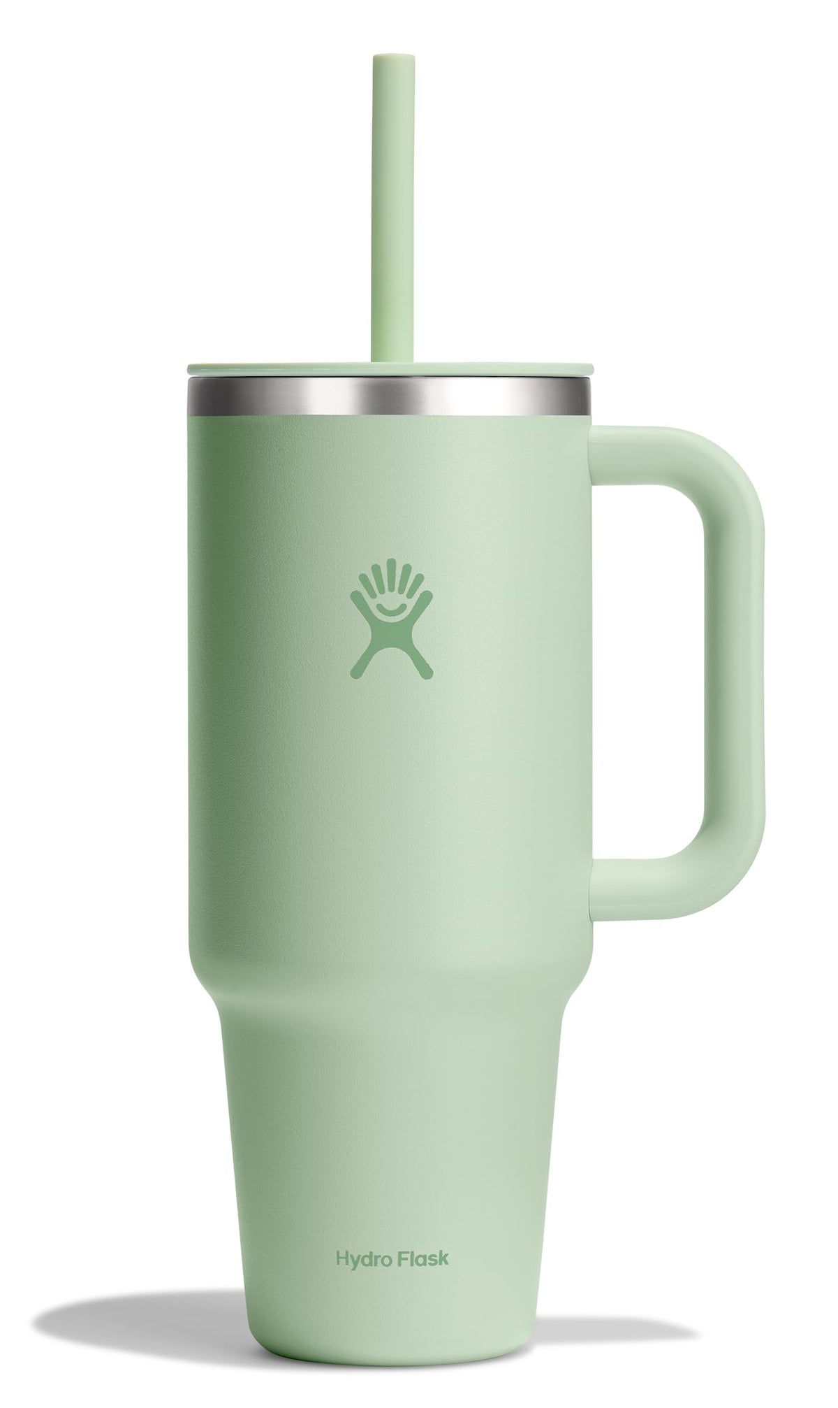 Hydro Flask 40 oz Aloe Green Travel Tumbler with handle and straw for easy hydration.