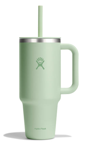Hydro Flask 40 oz Aloe Green Travel Tumbler with handle and straw for easy hydration.