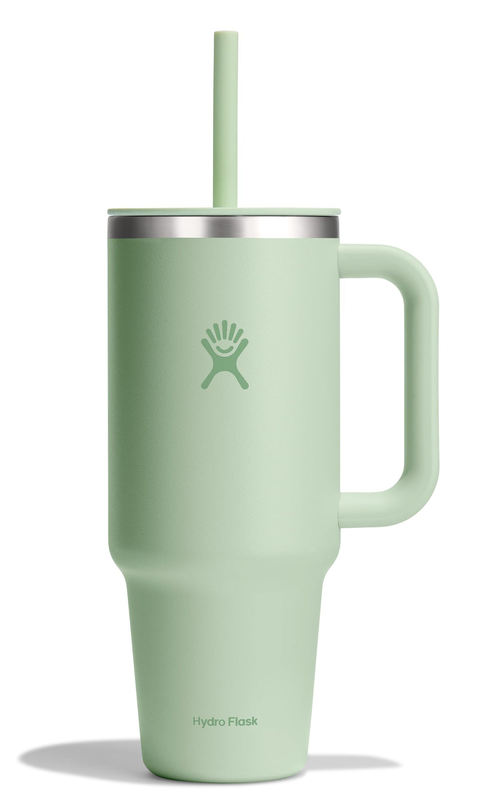 Hydro Flask 40 oz Aloe Green Travel Tumbler with handle and straw for easy hydration.
