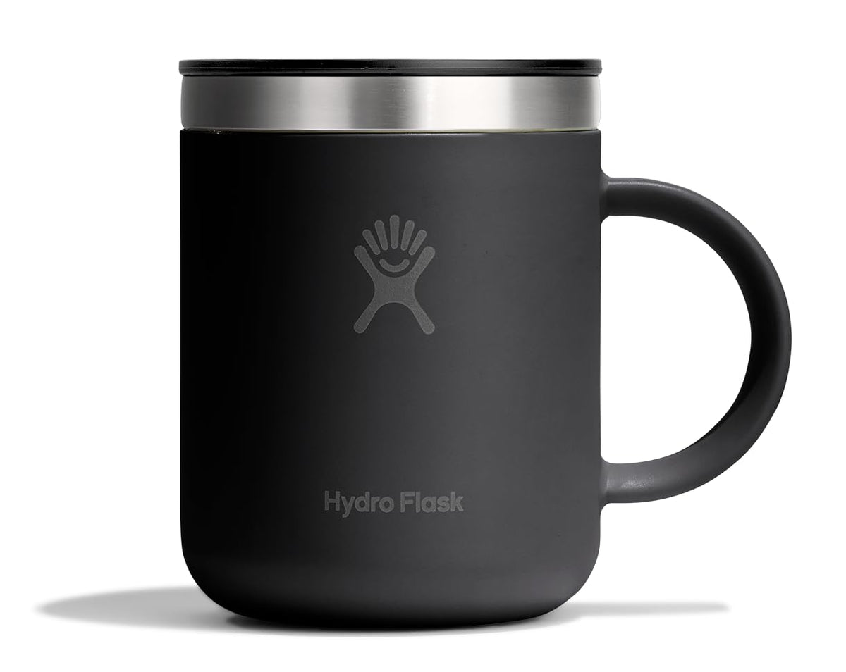 Hydro Flask Coffee Mug 12 oz tonal black front view with leak-resistant design for travel