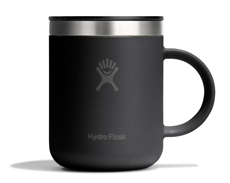 Hydro Flask Coffee Mug 12 oz tonal black front view with leak-resistant design for travel