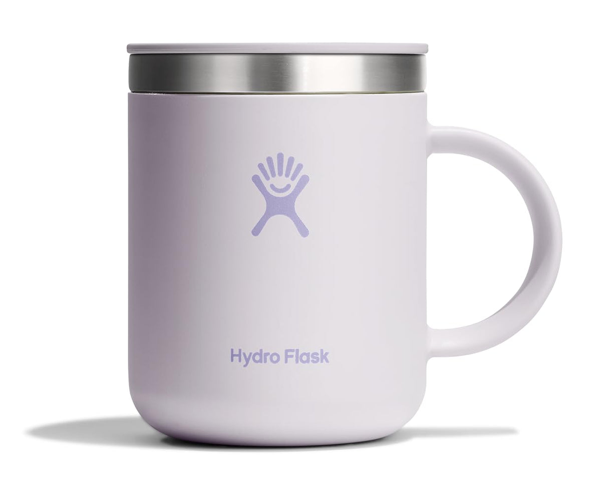 Hydro Flask Coffee Mug Cloud Pink with lid closeup for spill-free travel