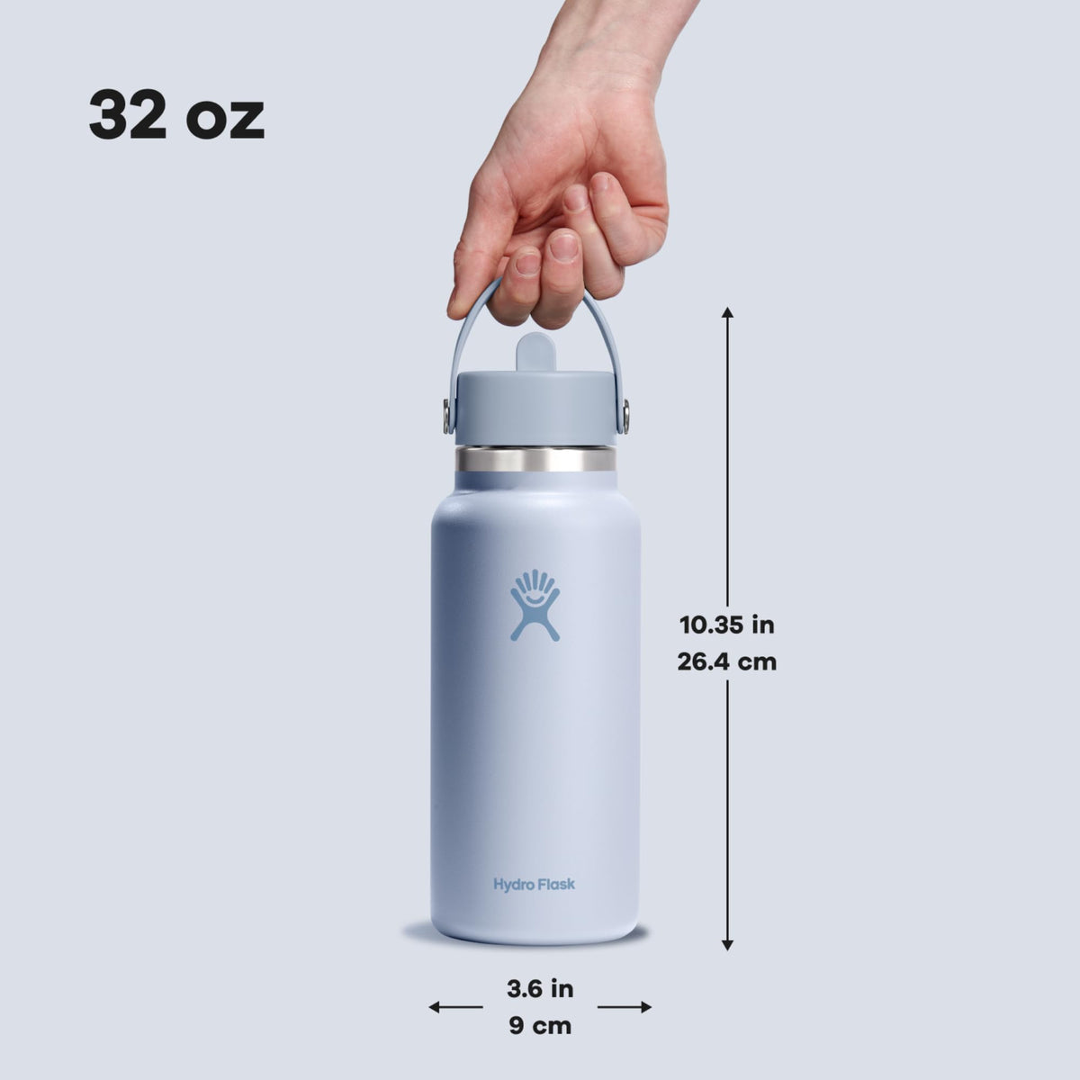 Hydro Flask 32oz insulated bottle with ice cubes demonstrates 24-hour cold retention.