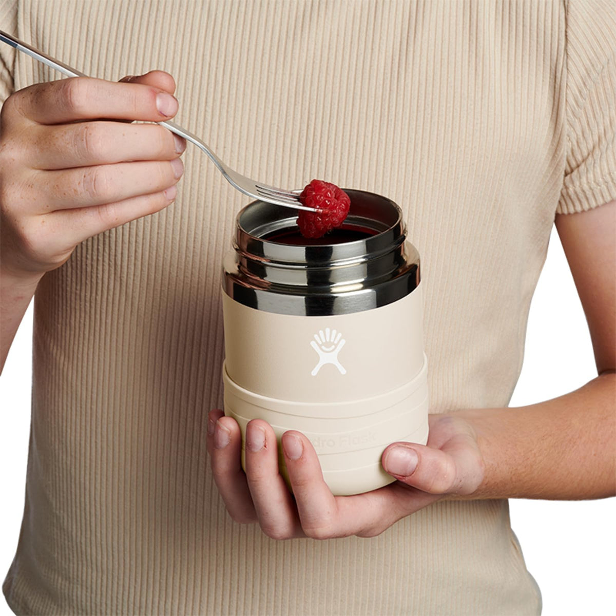 Hydro Flask Koala Gray 12oz food jar, lid open, easy grip for quick snacks.