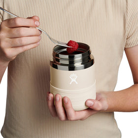 Hydro Flask Koala Gray 12oz food jar, lid open, easy grip for quick snacks.