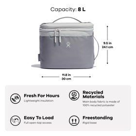 Exterior pocket and interior zip pocket keep napkins and utensils.
