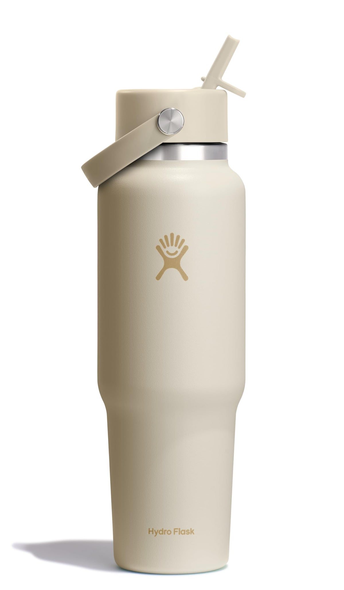 Hydro Flask Travel Bottle 40 oz Coconut Cream with cupholder-fit design for easy road sipping.