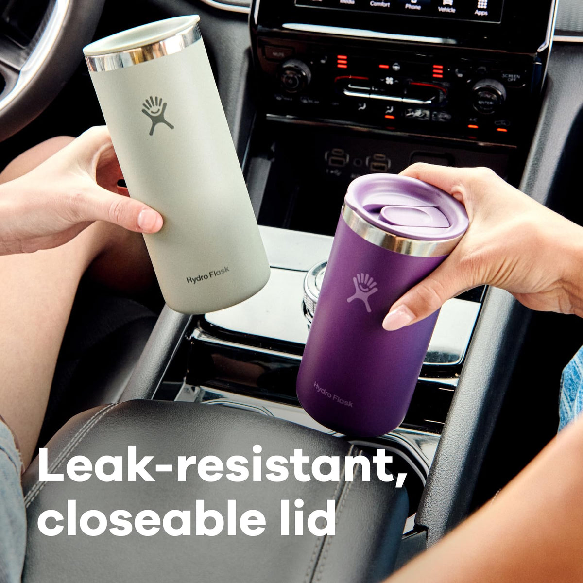 Hydro Flask travel coffee cup 20oz cupholder-friendly design fits most car cupholders.