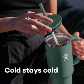 Leak-resistant lid with flexible straw supports effortless sipping anywhere.