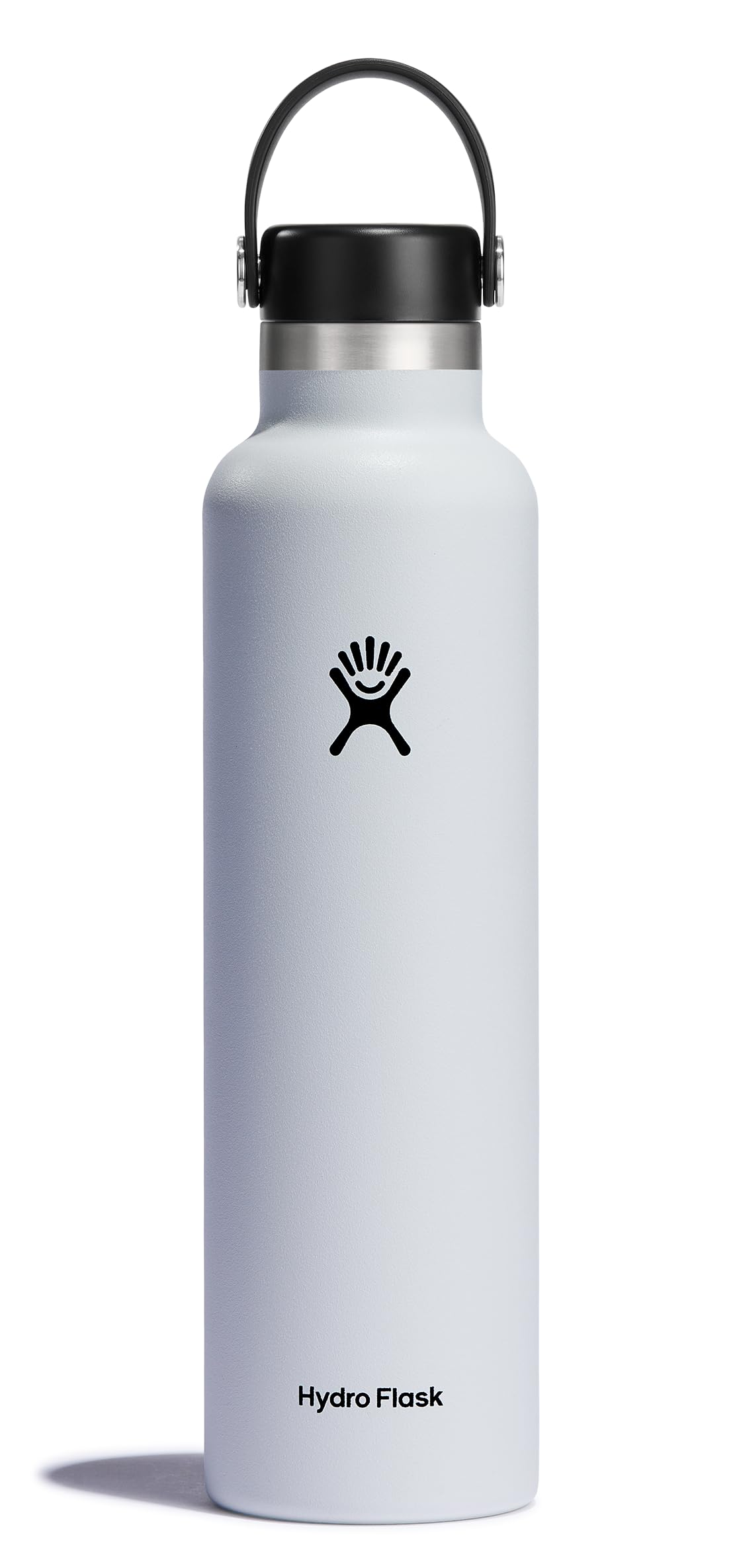 Hydro Flask 24 oz white water bottle front view keeps drinks cold.