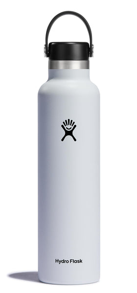 Hydro Flask 24 oz white water bottle front view keeps drinks cold.