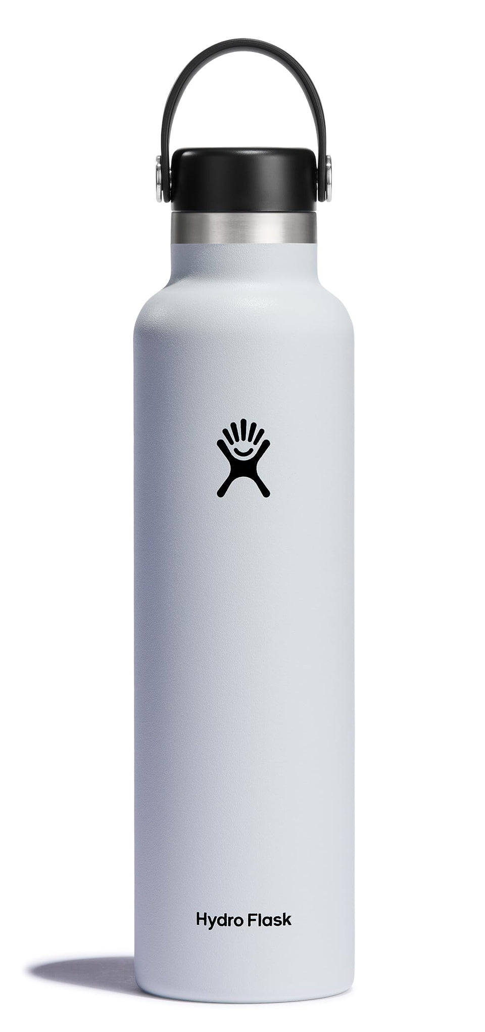 Hydro Flask 24 oz white water bottle front view keeps drinks cold.