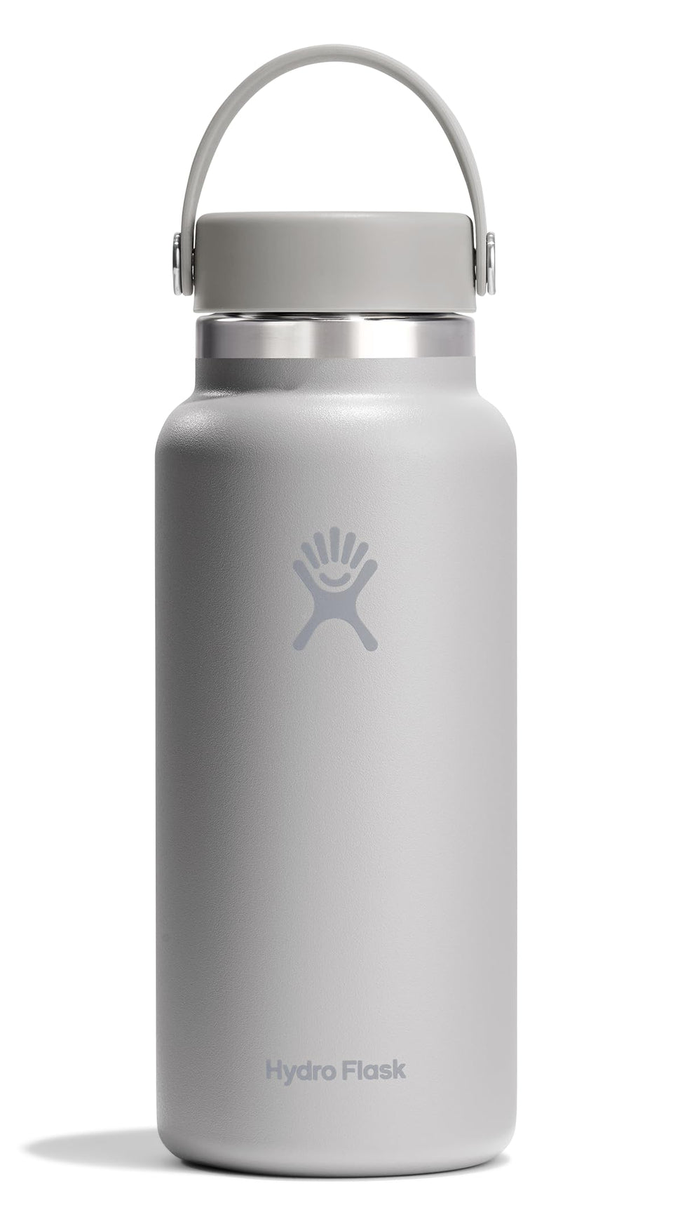 Hydro Flask wide mouth Birch Gray bottle with sturdy handle for on the go hydration.