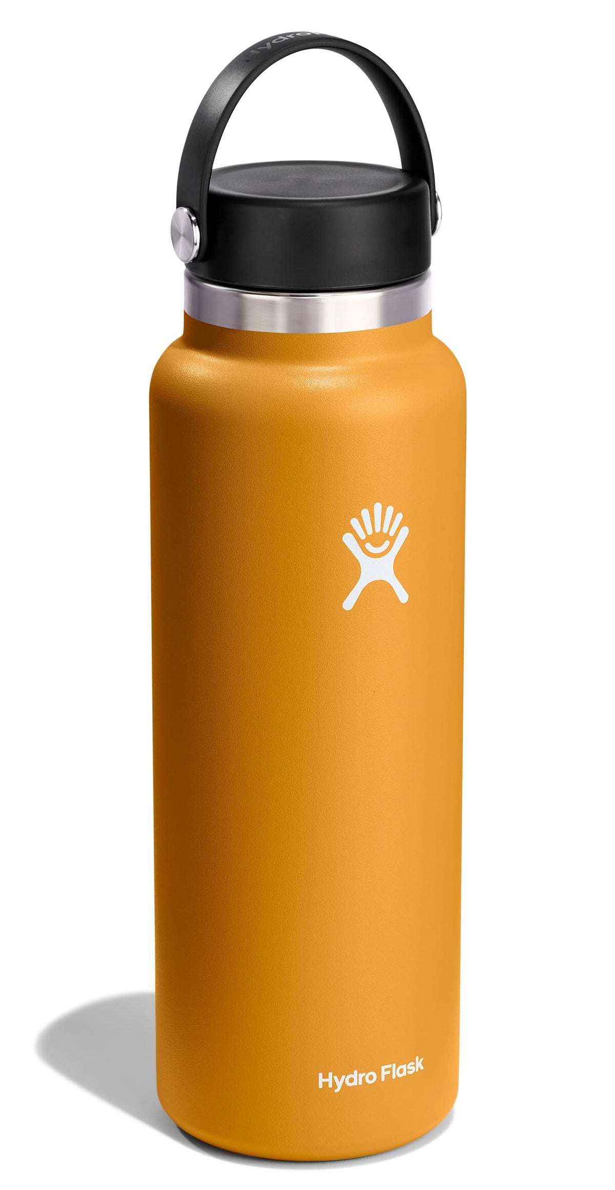 Hydro Flask wide-mouth bottle with flexible handle for easy transport.