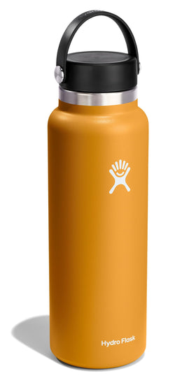 Hydro Flask wide-mouth bottle with flexible handle for easy transport.