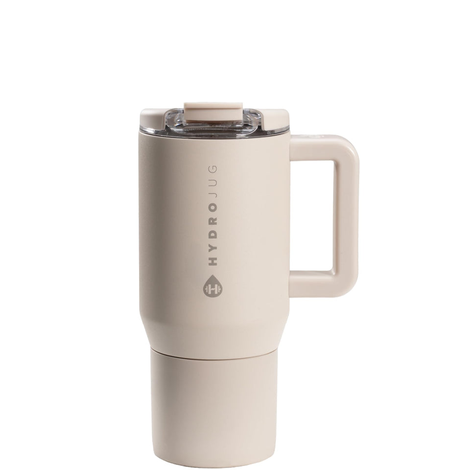 HydroJug Coffee Traveler 20 oz with flip lid showing leak resistance for commuting
