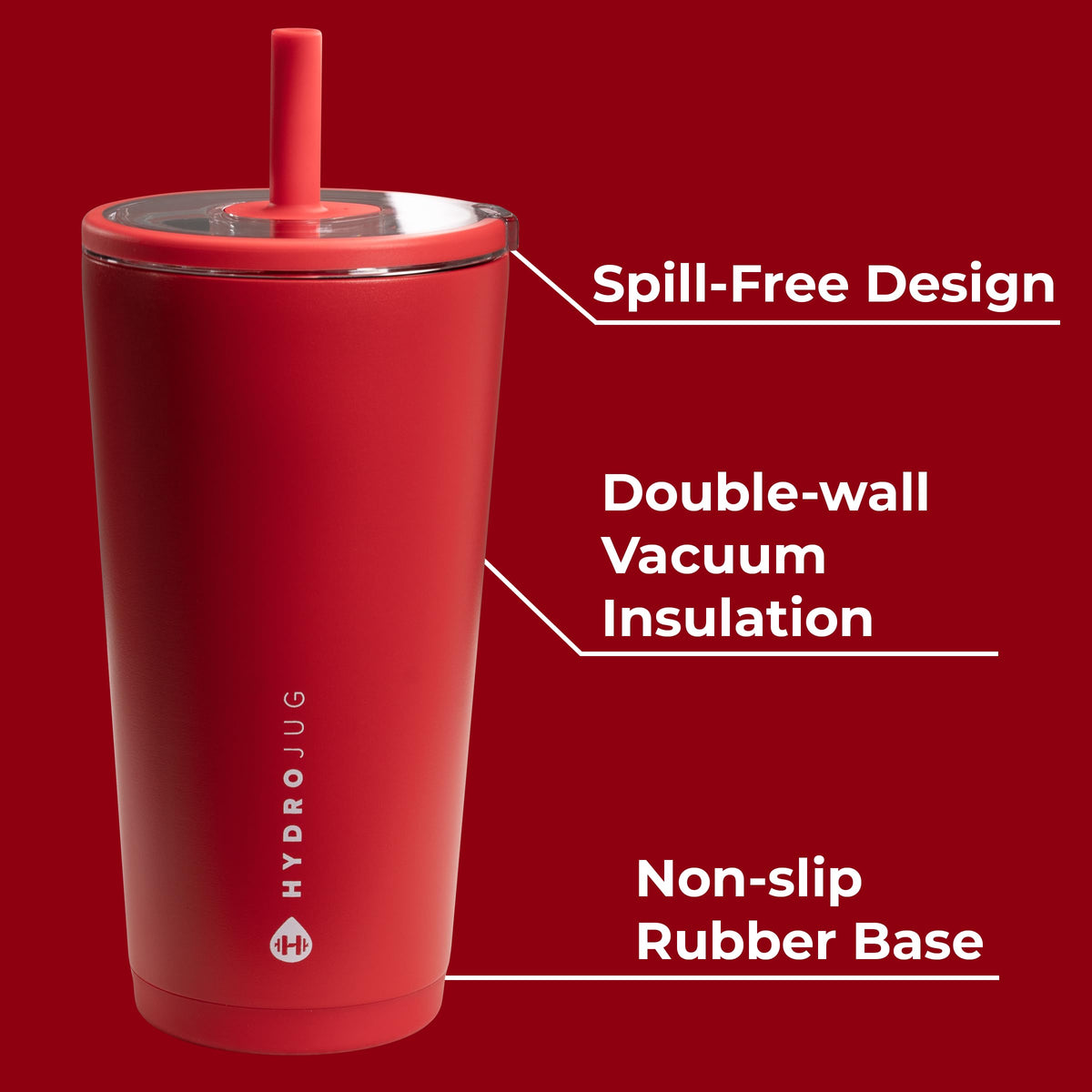 Soft-touch lid and straw on HydroJug tumbler for easy sipping at desk or in transit.